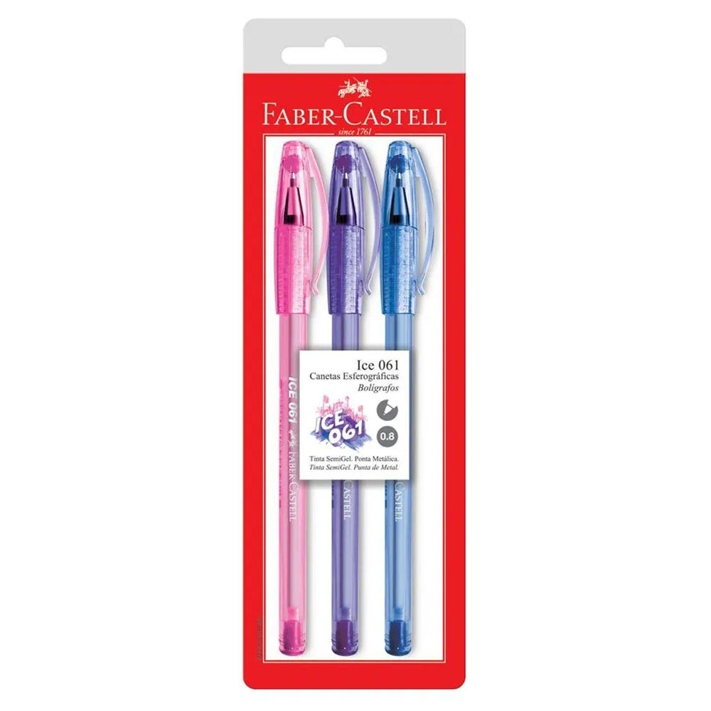 Caneta esferográfica 0.8 Ice 061 Colors AZ/RX/RS com 3 unidades Faber-Castell