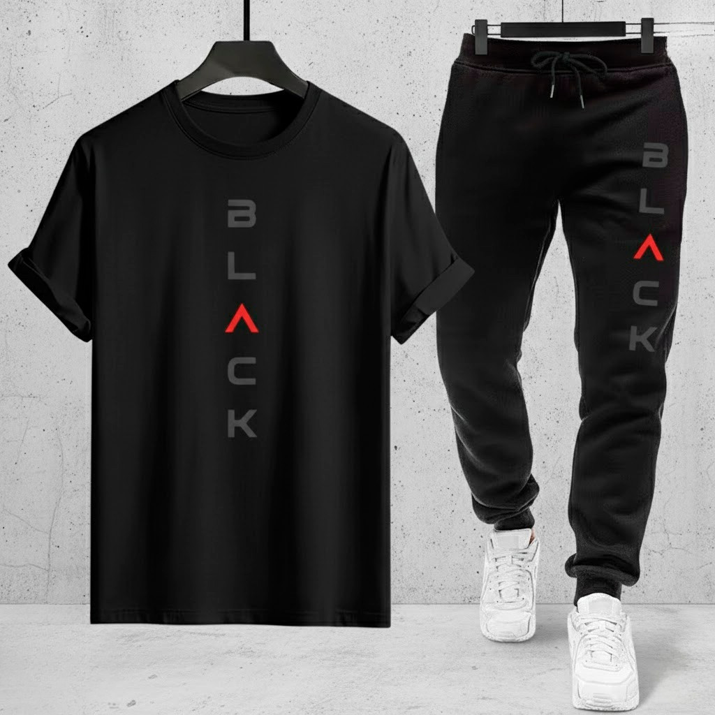 Kit Conjunto Camiseta e Calça moletom Moda masculina camiseta casual Black Malha Algodão + calça Moletom Com bolso