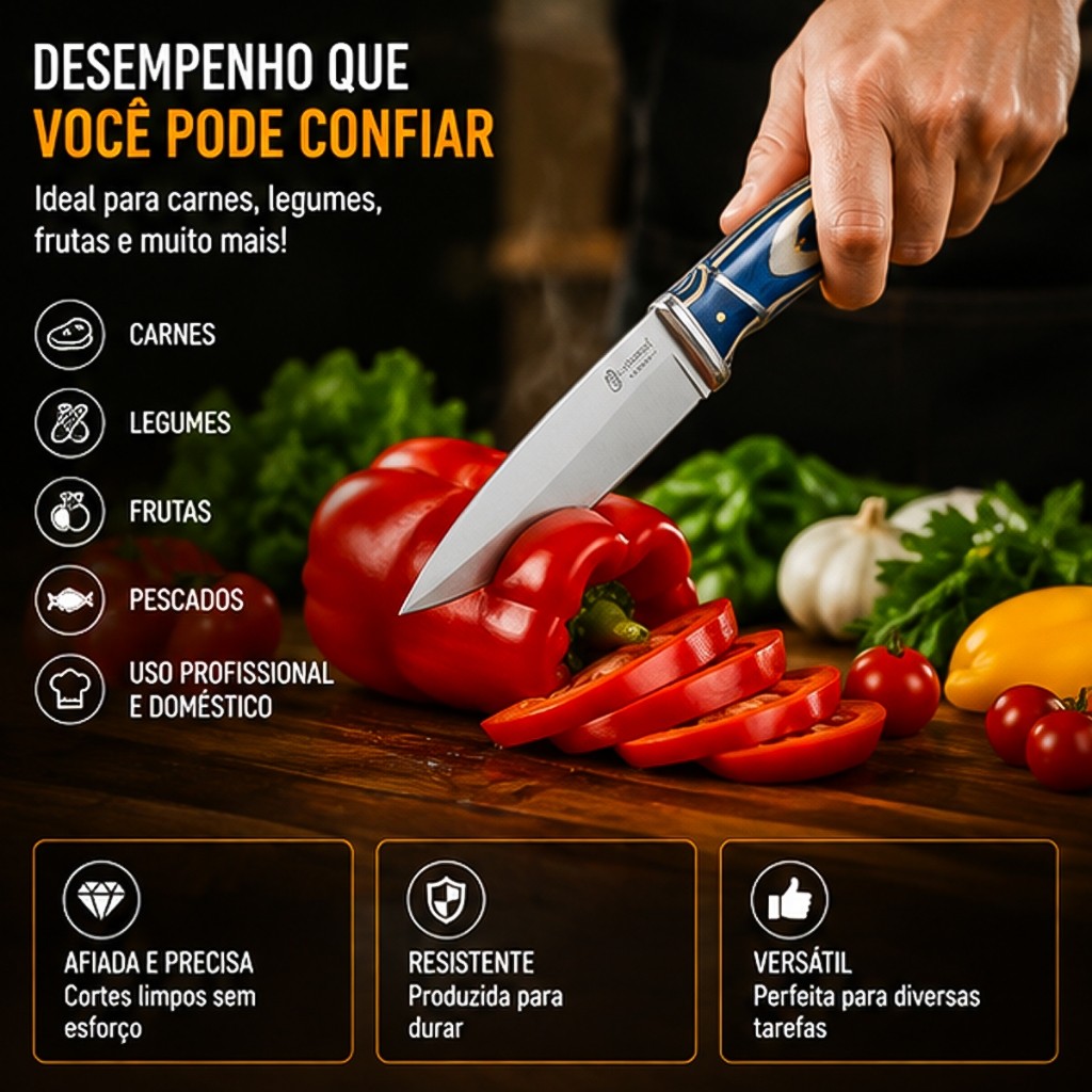 Faca Curta Ornamentada 28cm Aço Forjado Profissional Com Bainha Cabo Ergonômico Churrasco Açougue