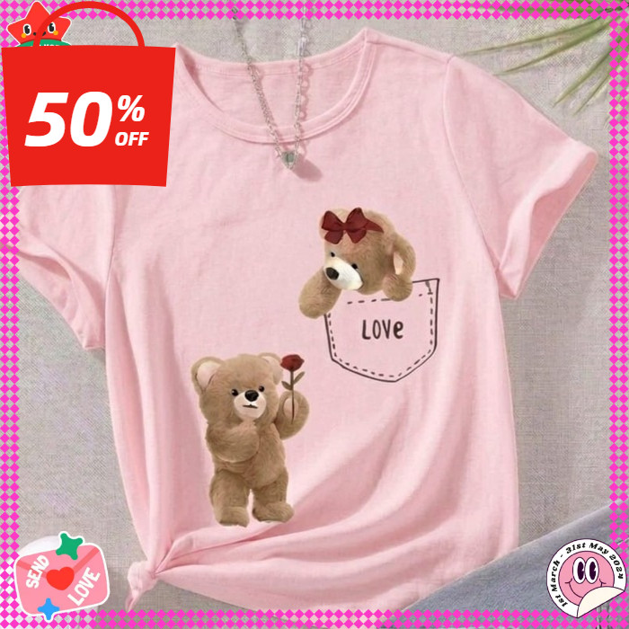 Camiseta Infantil Menina Casal Ursinho Flor Algodão Premium Confortável Blogueirinha 100% Algodão