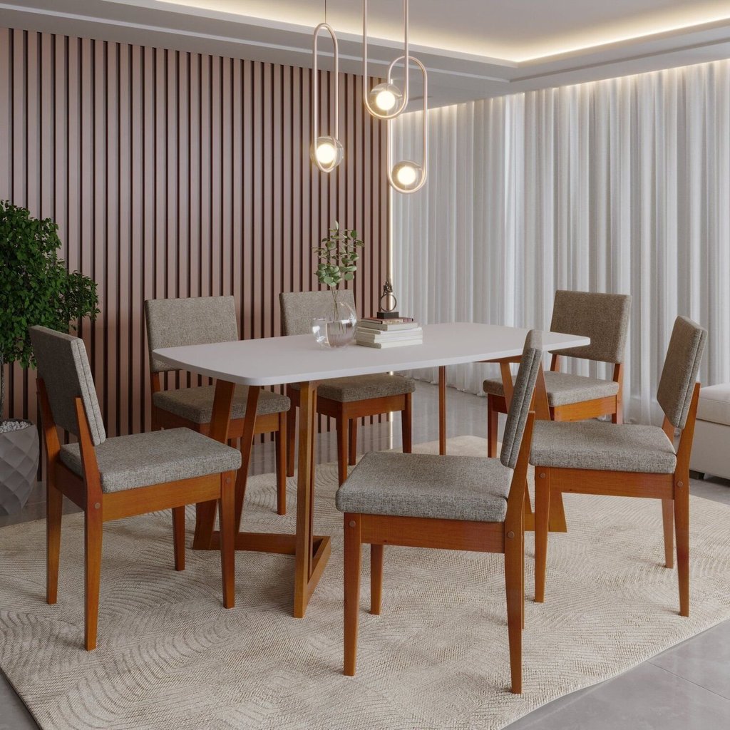 Conjunto Sala de Jantar Mesa 6 Cadeiras MDF e Madeira Maciça Miami Marrom Caramelo/Café/Off White
