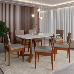 Conjunto Sala de Jantar Mesa 6 Cadeiras MDF e Madeira Maciça Miami Marrom Caramelo/Café/Off White