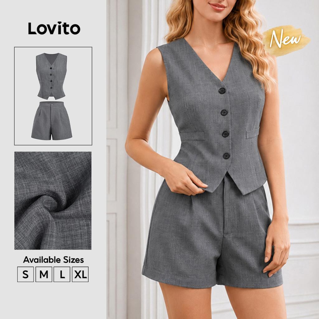 (New Arrival) Lovito Elegantes Shorts Cinza de Verão ou Primavera para Mulheres Frente com Botões e bolso SHB38BR014