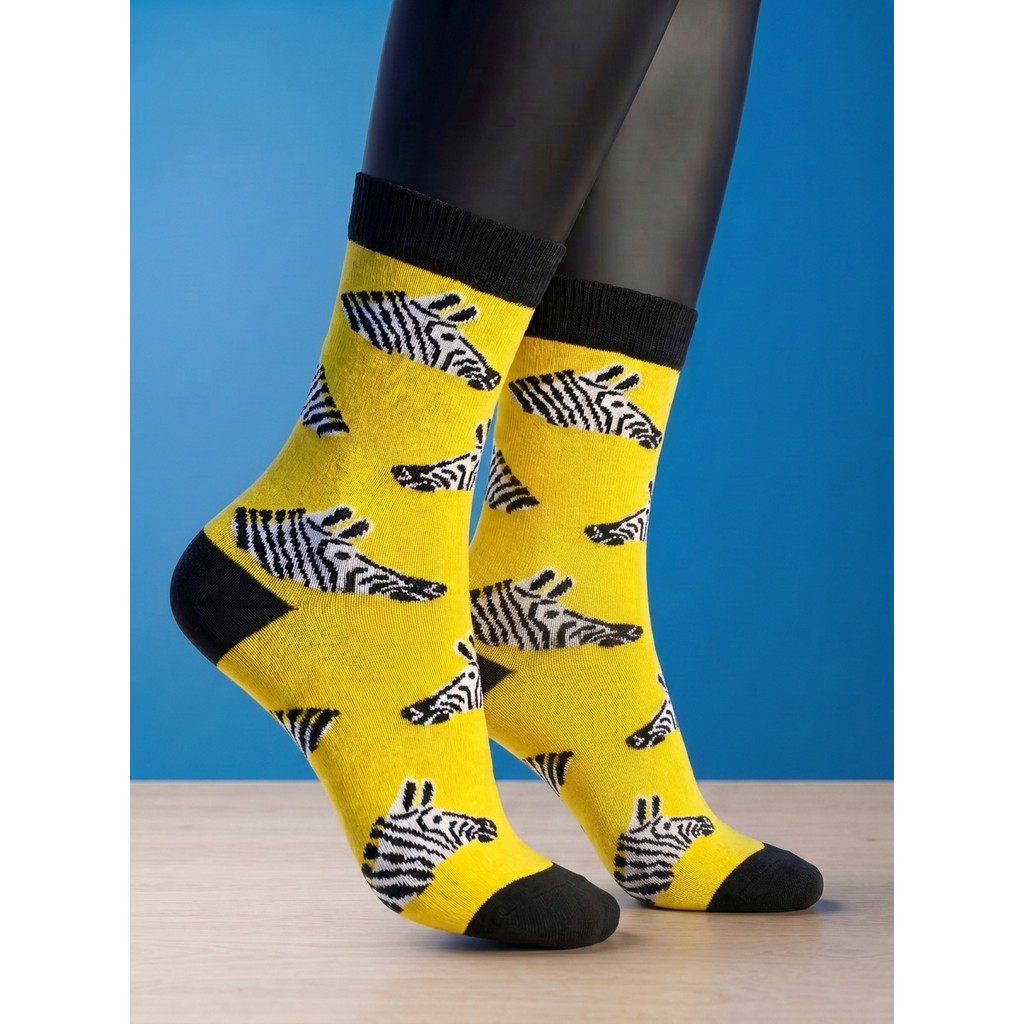 Meia Divertida Estampada Oddo Cano Longo Amarela Zebra