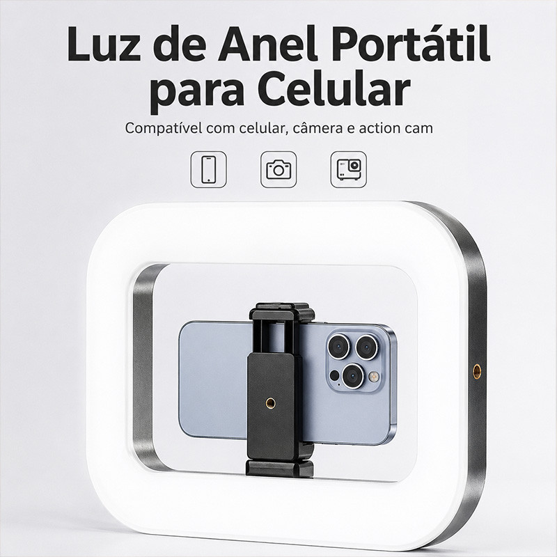 Ring Light Manual Com Clipe Celular Luminária Led Recarregável Iluminador Para Selfie Fotografia