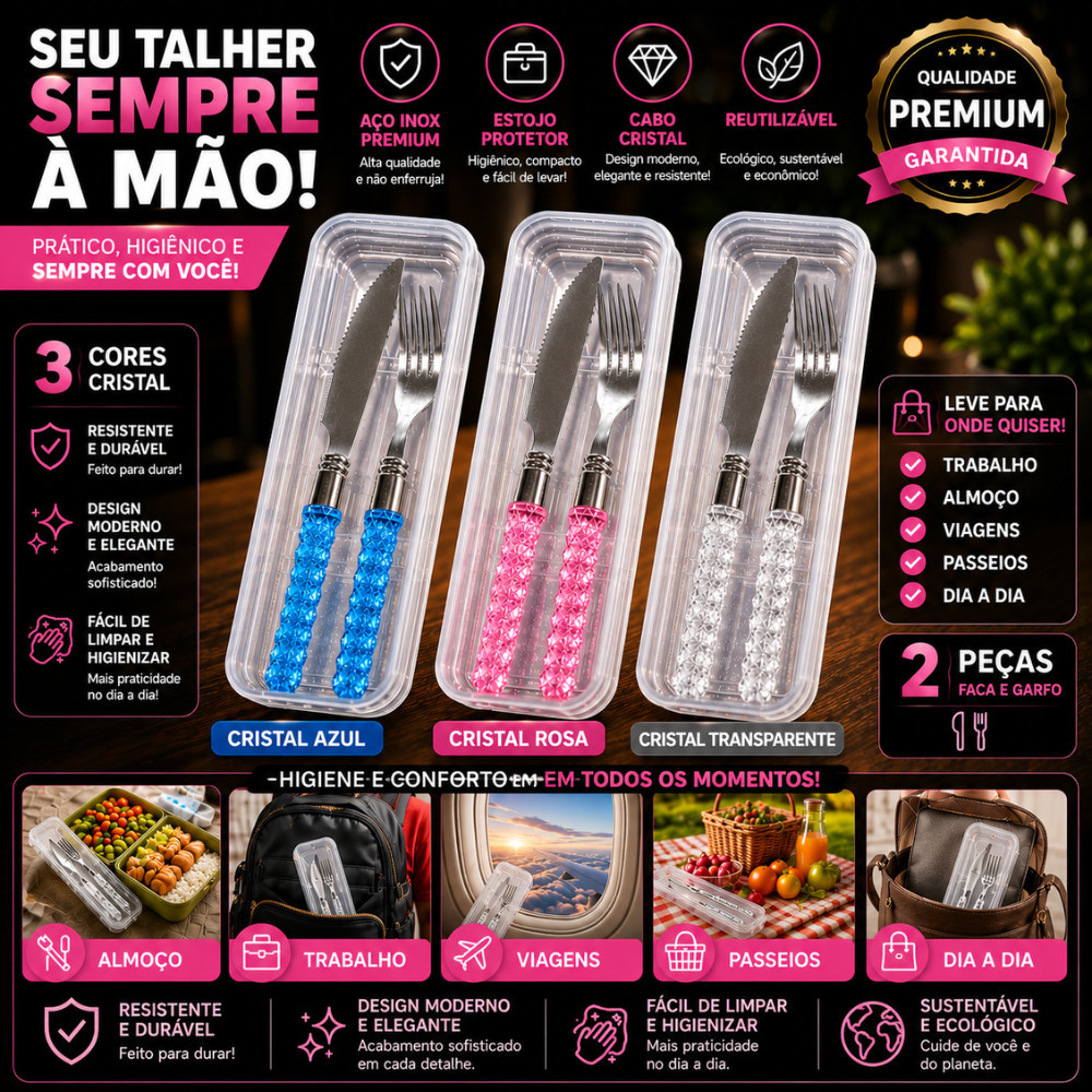 Kit Faca E Garfo Inox Com Estojo Portátil Reutilizável