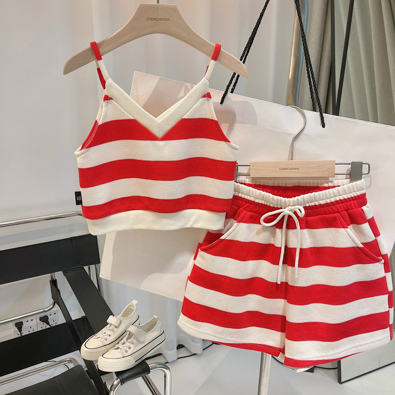 Meninas verão colete terno bebê menina listrado camisola topo crianças bebê moda terno de duas peças