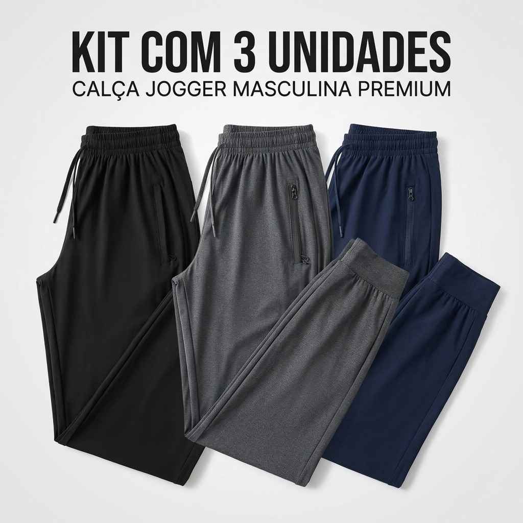 Kit 3 Calças Jogger Masculina Premium Elastano Bolso Zíper Academia Casual Esportiva Confortável