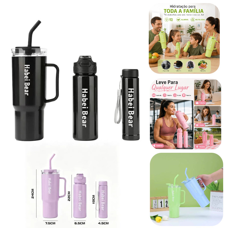 Kit Garrafas Squeeze 1.2L 800ml 300ml BPA Free Com Canudo Antivazamento Academia