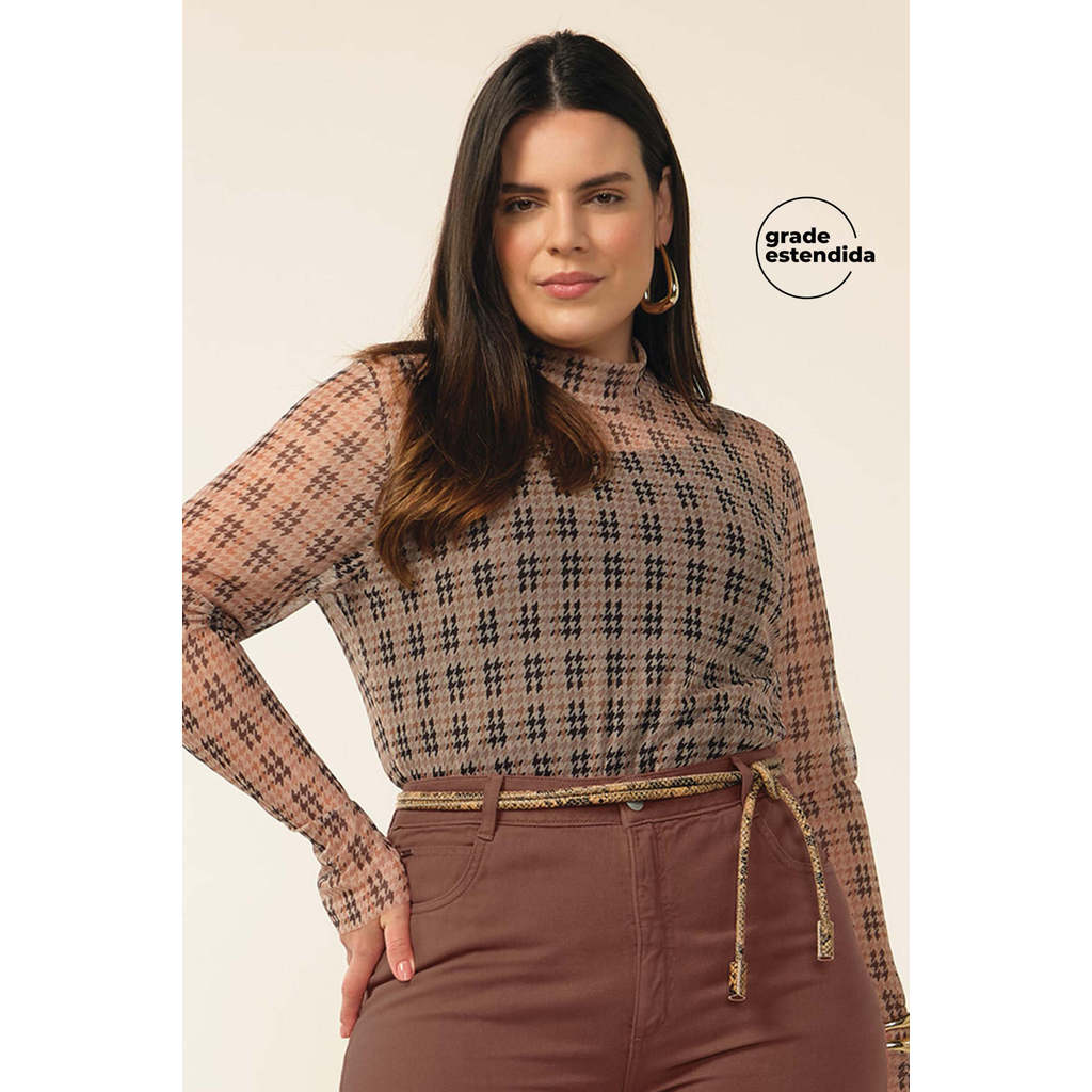 Blusa Manga Longa Feminina Tule Xadrez Marialícia Marrom
