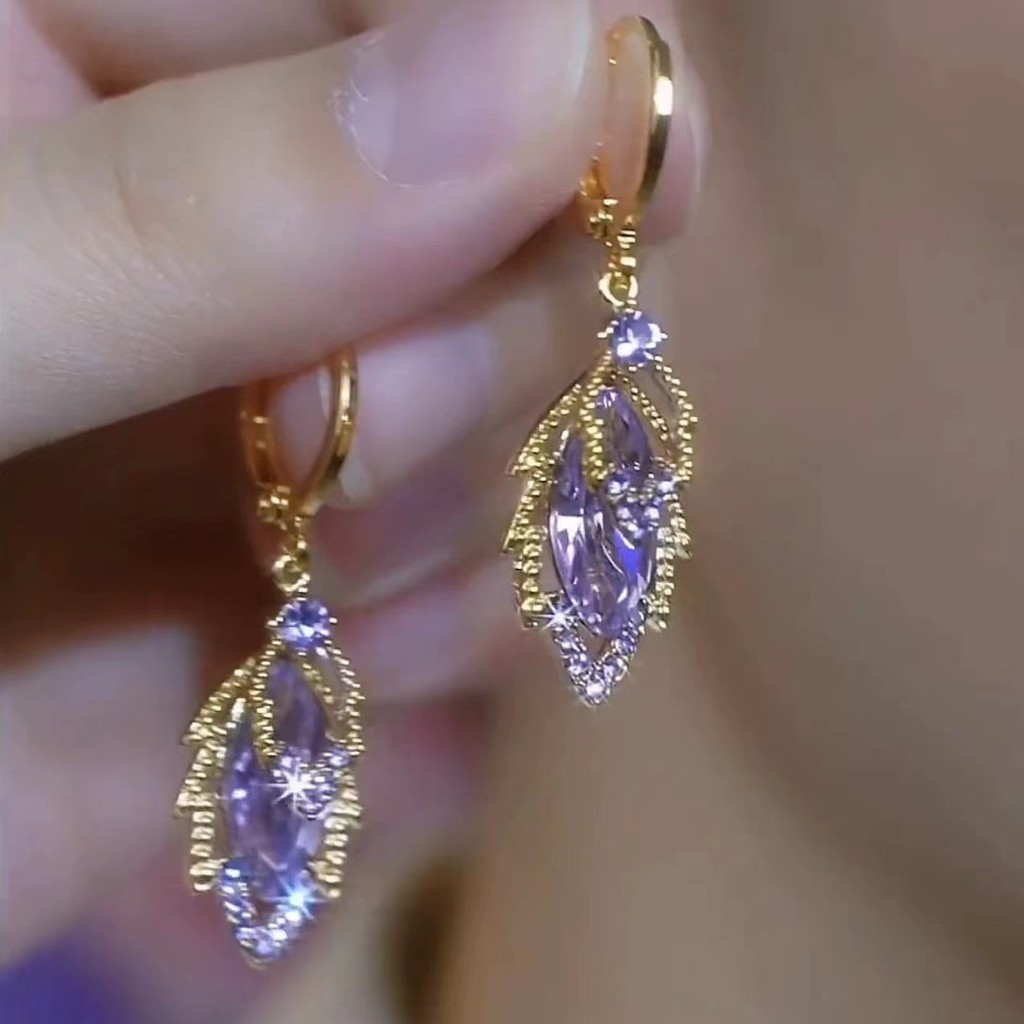 Brincos de zircônia roxa de dupla camada em estilo francês, muito vendidos, brincos médios-longs em estilo chinês com ef
