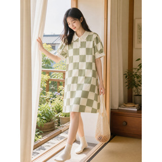 Francês pequena lapela Retro xadrez camisola feminina verão fresco sentimento algodão seda tributo cetim de manga curta 