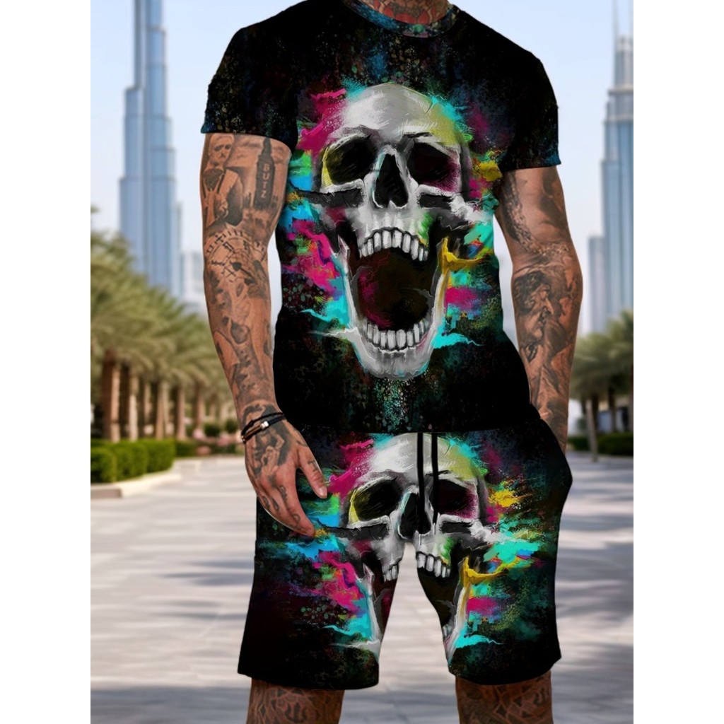 Camiseta de verão Shorts 2 peças roupas esportivas crânio masculino impressão 3d roupas Retro roupas de rua crânio impre