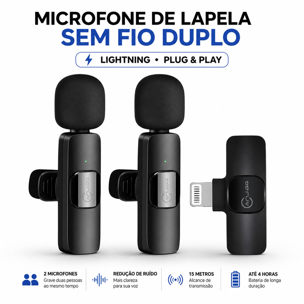 Microfone Lapela Sem Fio Duplo Lightning iPhone Redução Ruído para Vídeos e Lives