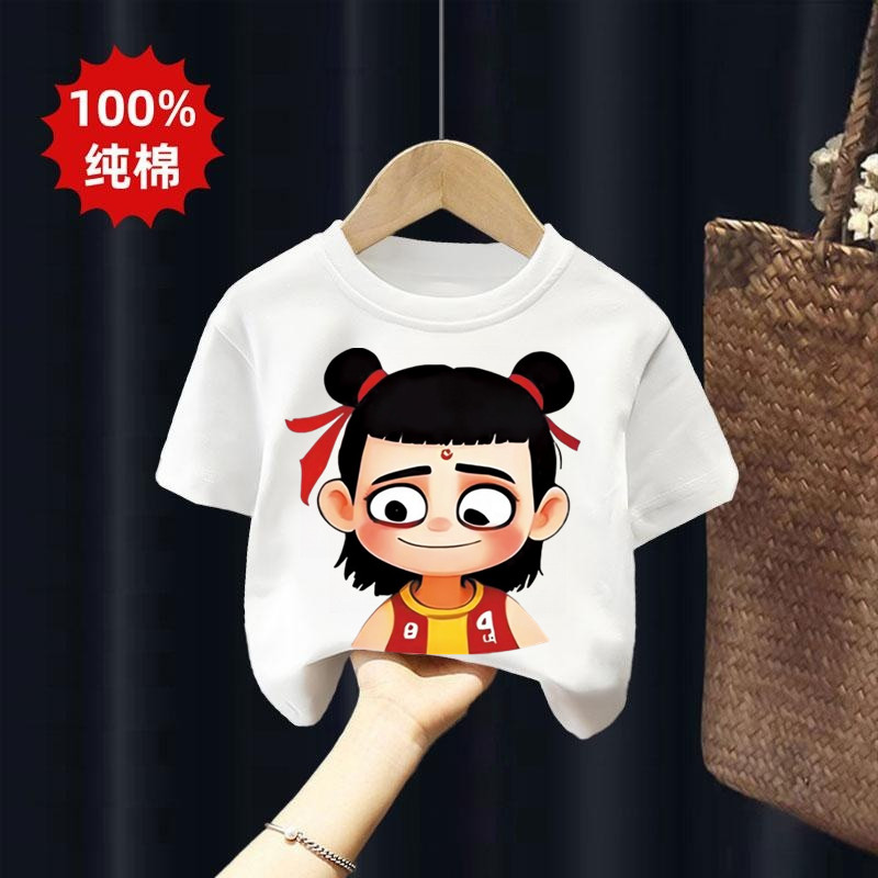 2025 novo estilo crianças camiseta de manga curta Nezha em torno do pescoço puro algodão meia manga t meninos meninas be