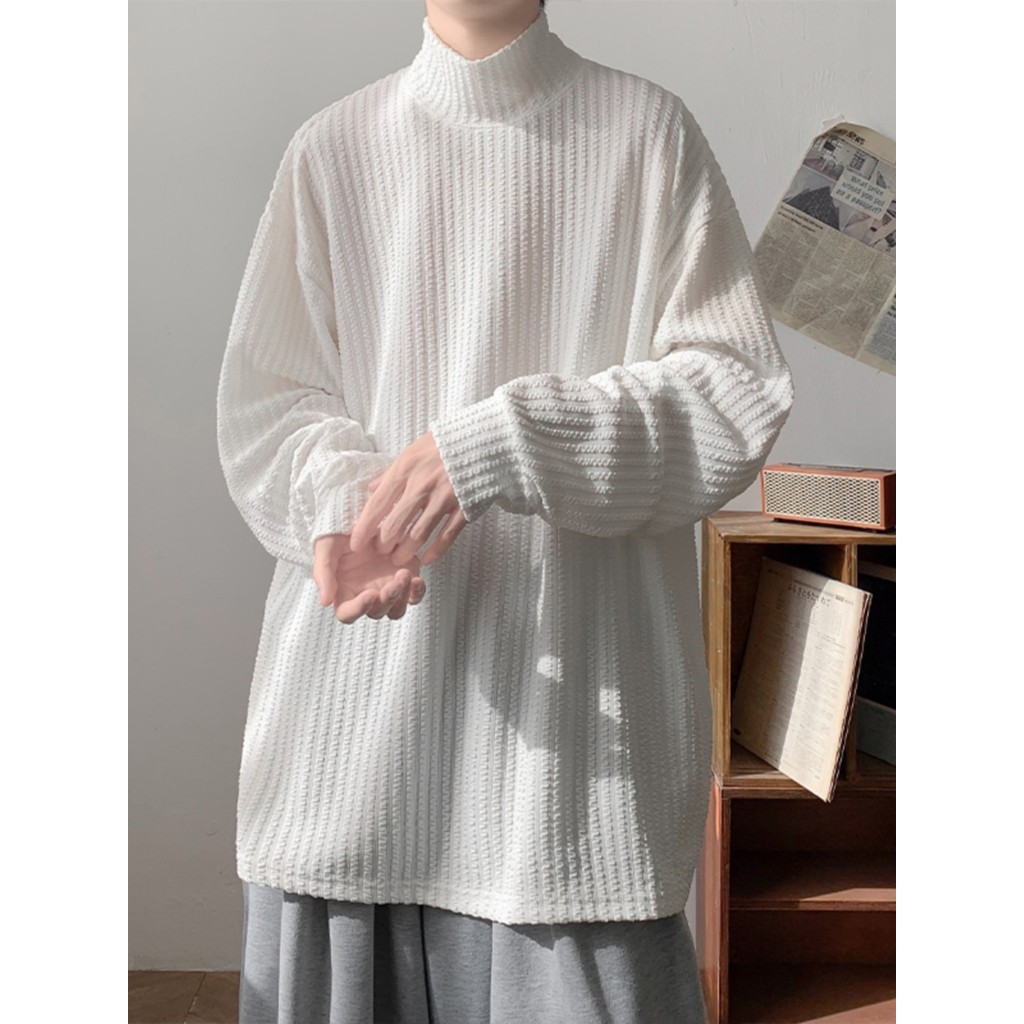 Tamanho Extra grande 150kg texturizado meia gola alta de manga comprida camiseta masculina feminina primavera outono cam