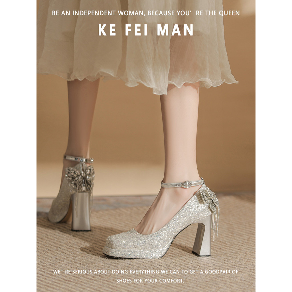 [Kefiman] Strass Bowknot Plataforma À Prova D 'Água Salto Alto Mulheres Salto Grosso Não Cansado Pés Bonitos Sapatos de 