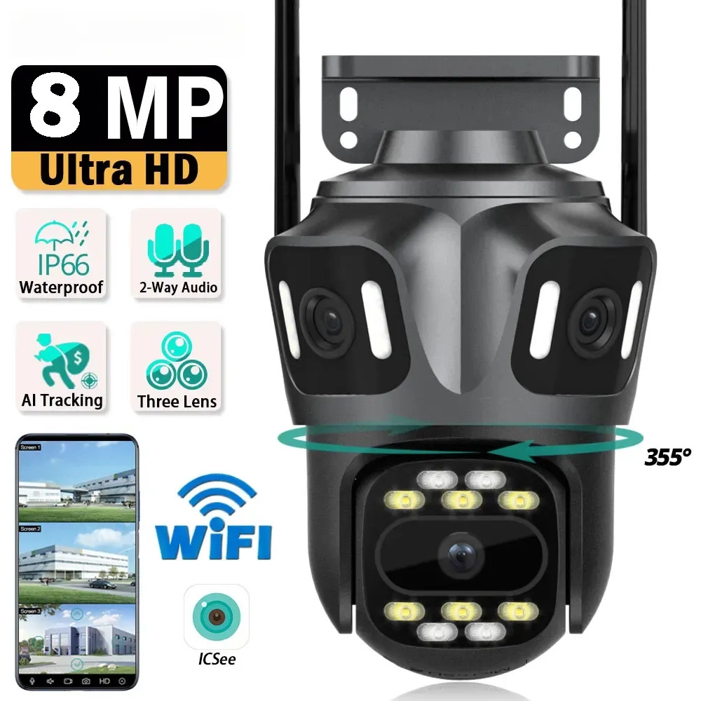 Câmera de Segurança WiFi 360° com 3 Lentes – 8K HD, Visão Noturna e Rastreamento Automático