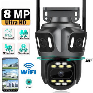 Câmera de Segurança WiFi 360° com 3 Lentes – 8K HD, Visão Noturna e Rastreamento Automático