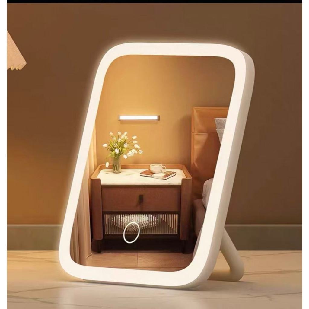 Espelho Maquiagem C/ Led E Com Base Suporte De Mesa com Luz 3 Tons Recarregável USB Controle por Toque Dobrável