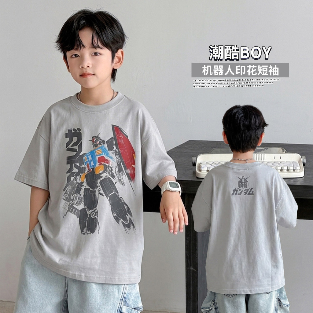 Versão coreana robô camiseta de manga curta meninos na moda legal topo 2026 novo estilo médio grande crianças moda versã