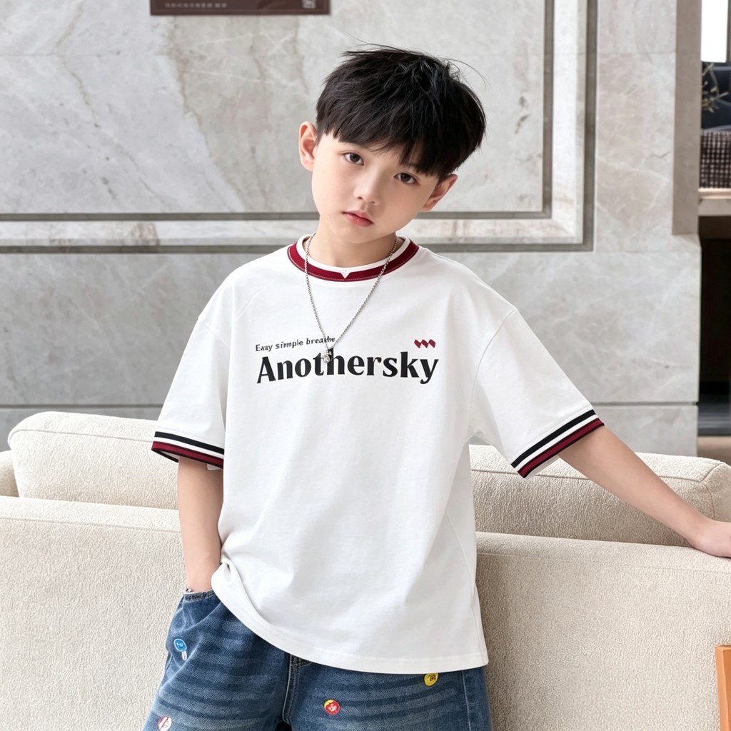 Meninos camiseta de manga curta 2026 novo estilo crianças verão camiseta médio grande meninos meninos contraste cor impr