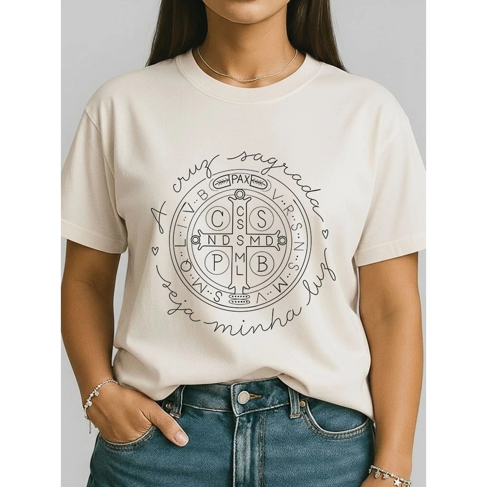 👉 Camiseta Feminina São Bento Cruz Sagrada 100% Algodão Proteção Fé Católica Confortável Casual Dia a Dia