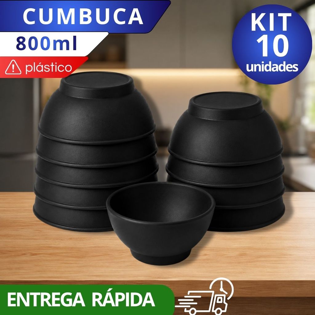 Kit 10 Potes Cozinha 800ml Tigelas Cumbucas Bowls Plástico Preta Açaí Sorvete Doce Salgado
