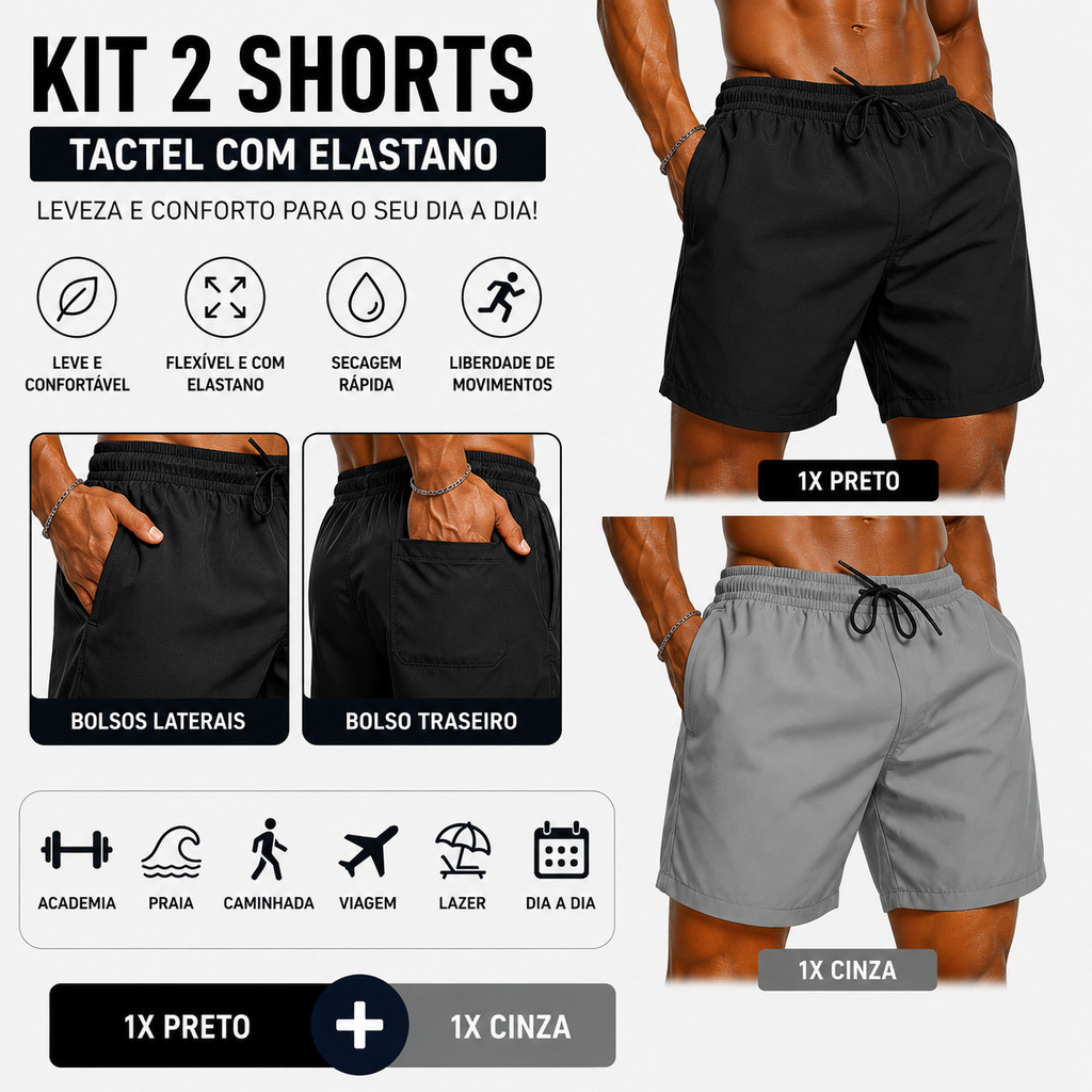 Kit 2 Short Masculino Tactel com Elastano Bermuda Leve Secagem Rápida com Bolsos Academia Praia Casual