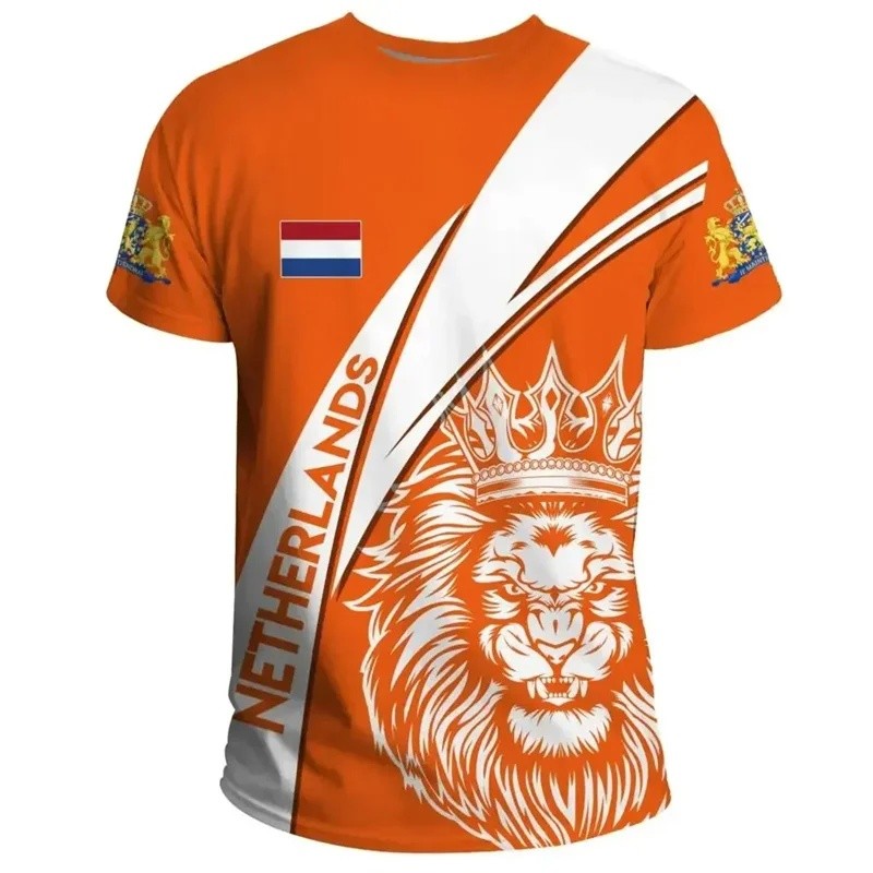 Holanda Emblema Nacional Camiseta Masculina 3D Impresso Verão Manga Curta Moda Futebol Esportes Holandês Camisetas