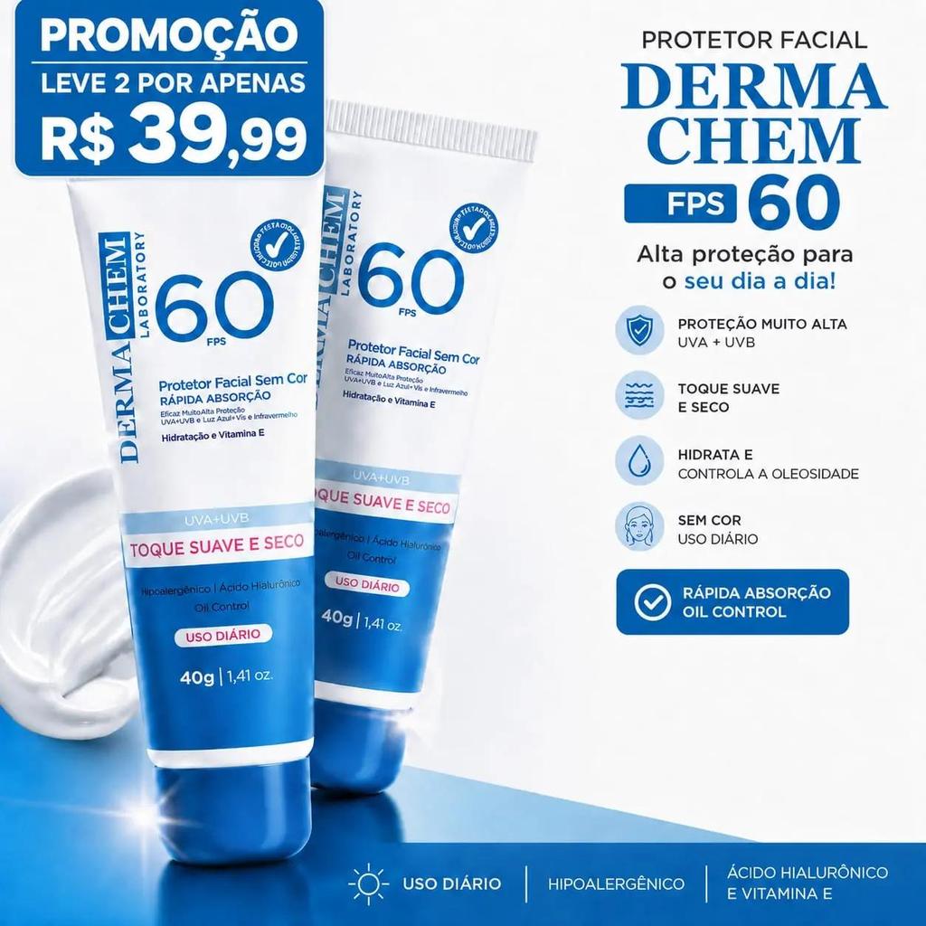 Kits ou Unitário Protetor Solar Facial DermaChem FPS 60 – Toque Seco, Rápida Absorção, Resistente à Água, Uso Diário