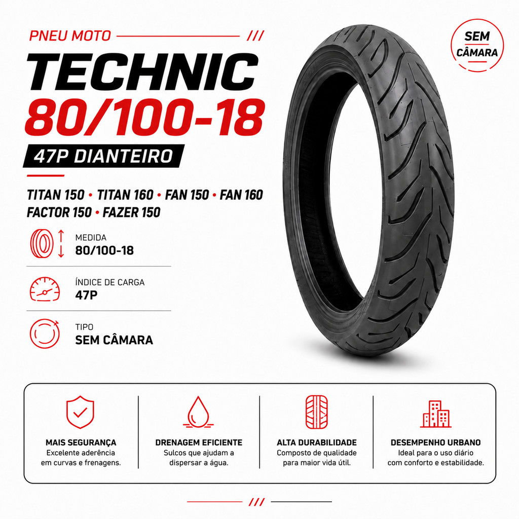 Pneu Moto 80/100-18 Dianteiro Technic Sport R CG Titan Fan Sem Câmara