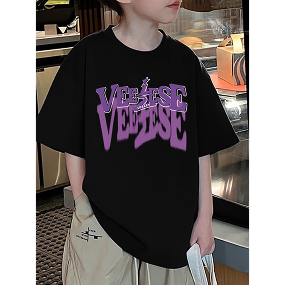 Meninos meninas 2026 verão grandes crianças estilo ocidental frito rua Wear cinza camiseta de manga curta estudante da e