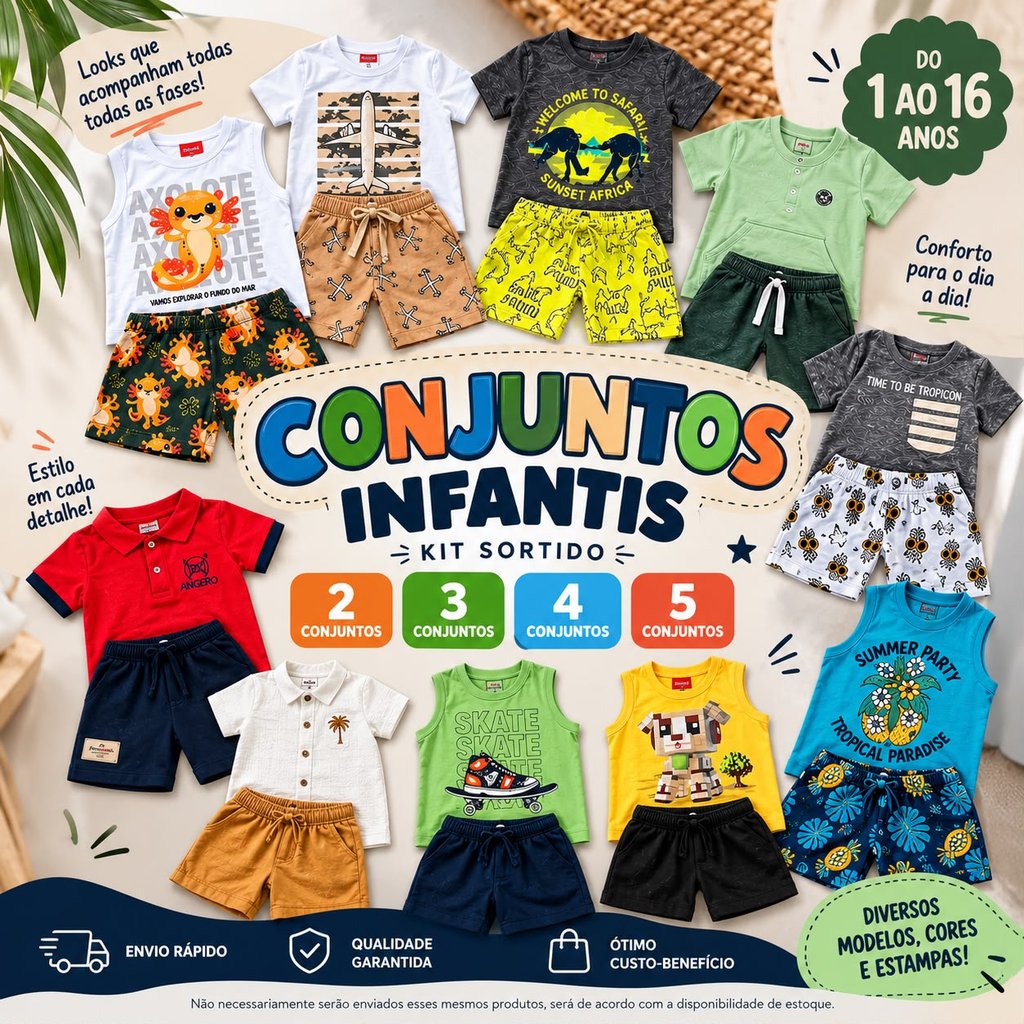 Kit 2/3/4/5   Conjunto Verão Infanto Juvenil Sortidos Menino Confortavel Marlan Kyly Milon LucBoo