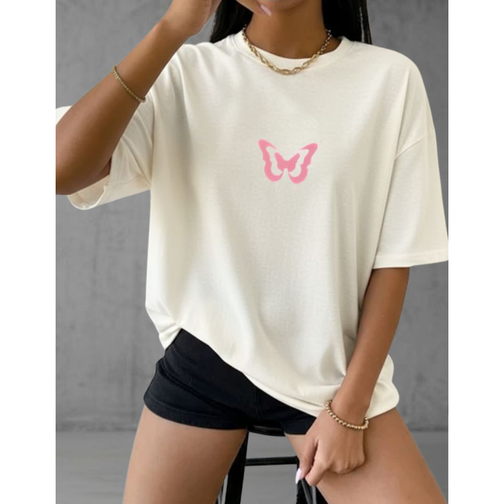 Camiseta Camisa Tshirt Oversized Feminina 100% Algodão Macio Academia Treino Casual Fofa Borboleta