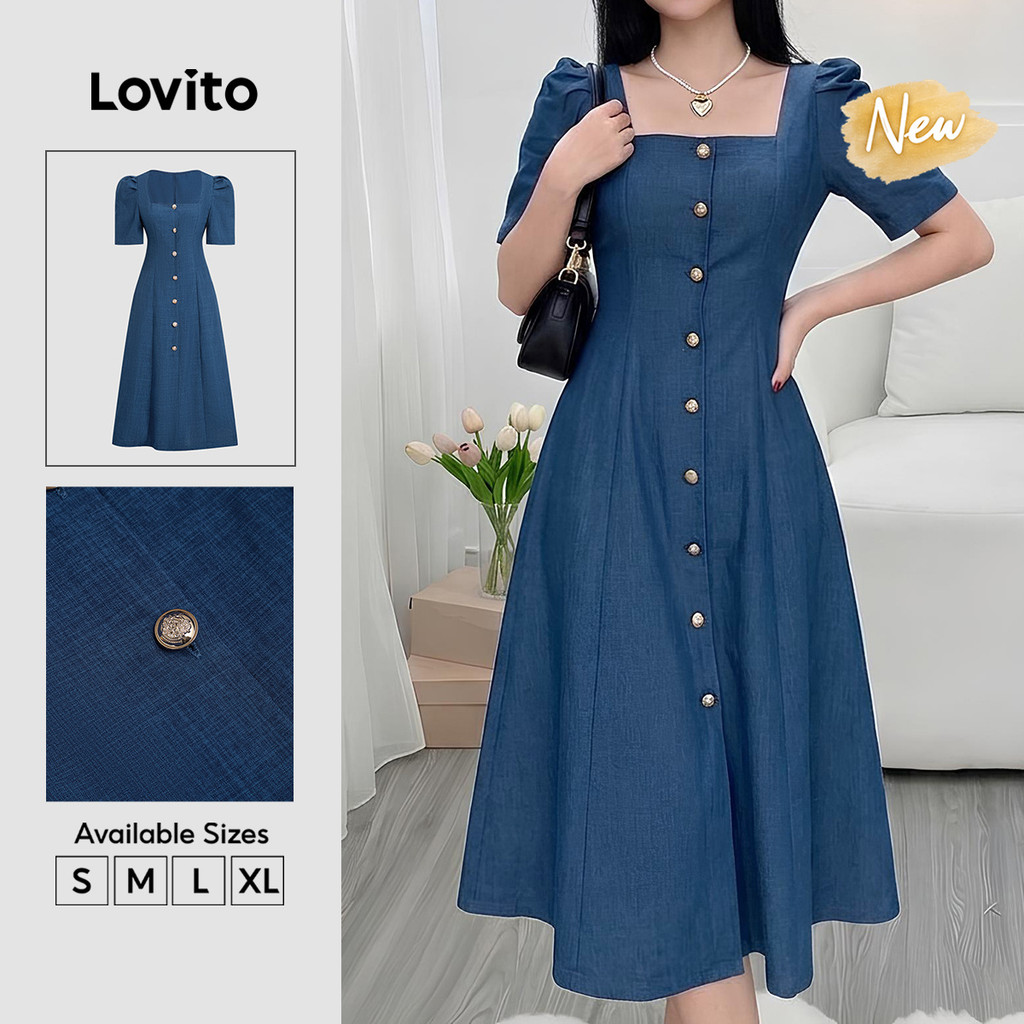 (New Arrival) Lovito Vestido Azulmarinho Casual Plissado Com Botões Longo E Evasê Para Primavera/verão E Fim De Semana Para Mulheres DRB39BR046