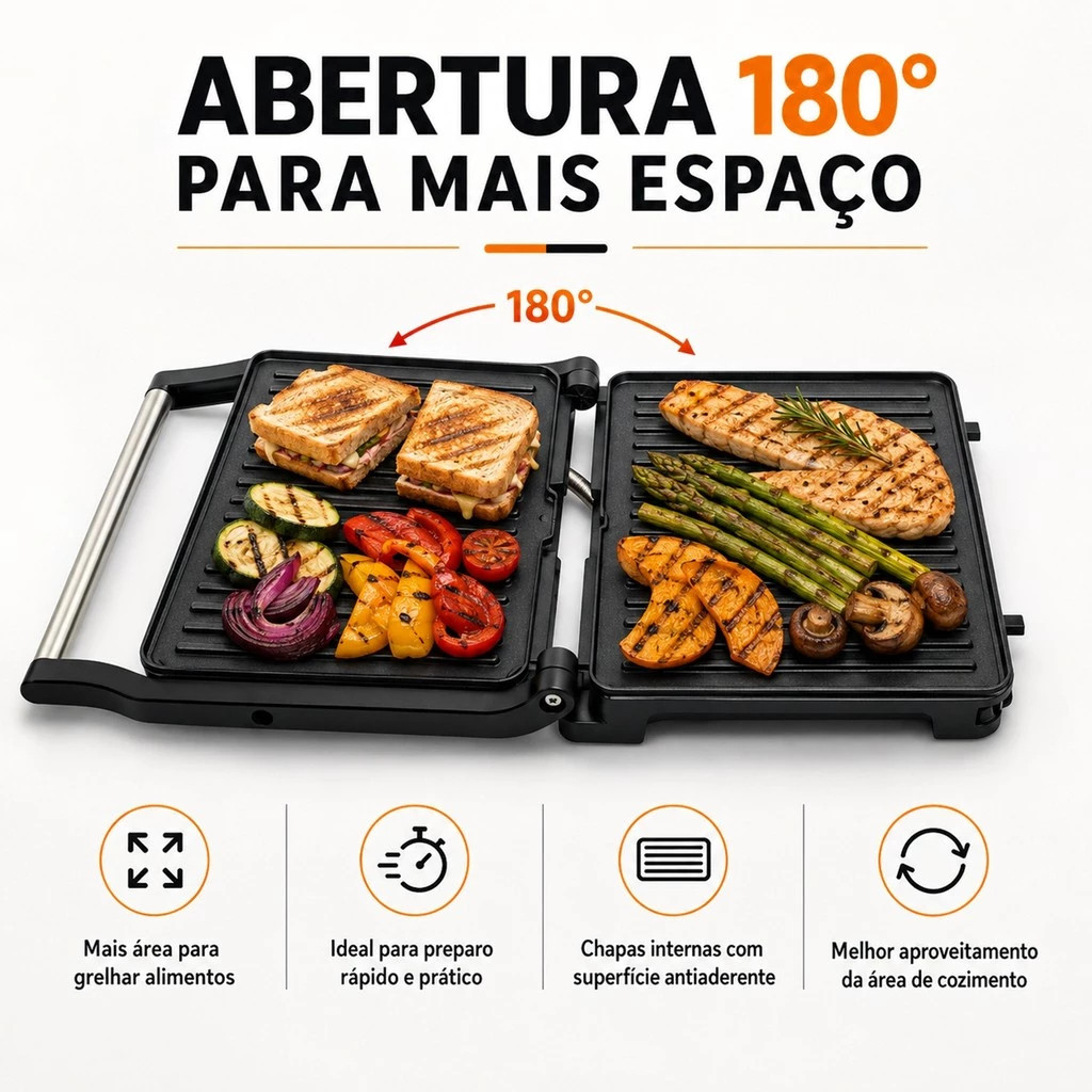 Grill Prensa Sanduíche 1000W Abre 180° Chapa Dupla Antiaderente para Panini Carnes e Lanches Doméstico — imagem 2 de 2