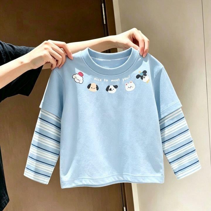 Crianças dos desenhos animados versão coreana listrado camiseta médio pequeno crianças meninos bonito diversão falso de 