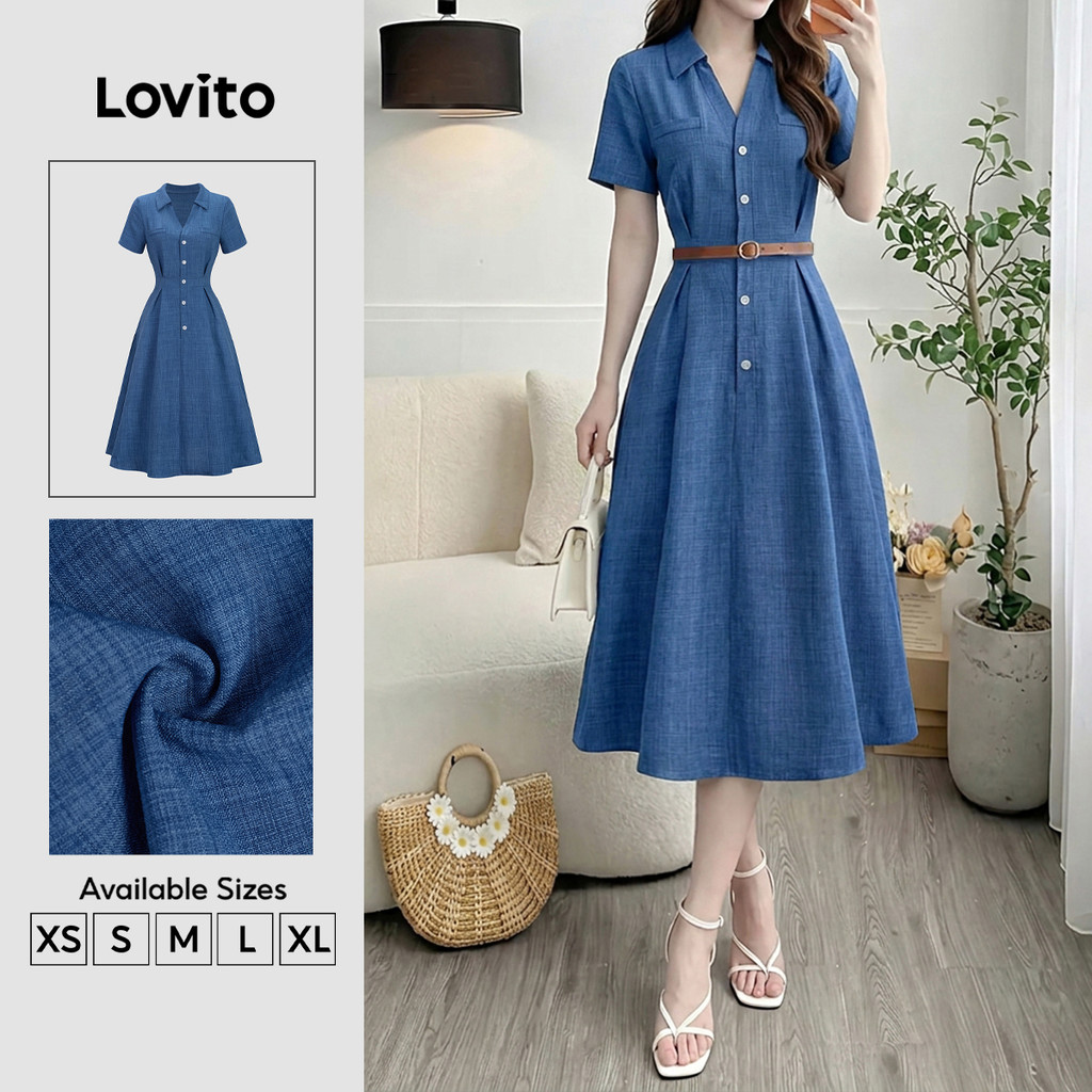 Lovito Vestido Casual Azul de Primavera/verão com Frente Plissada e Botões para mulheres DRK8P1D936