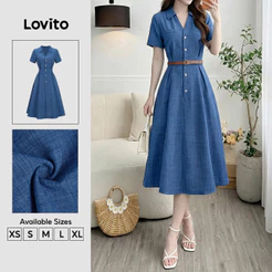 Lovito Vestido Casual Azul de Primavera/verão com Frente Plissada e Botões para mulheres DRK8P1D936