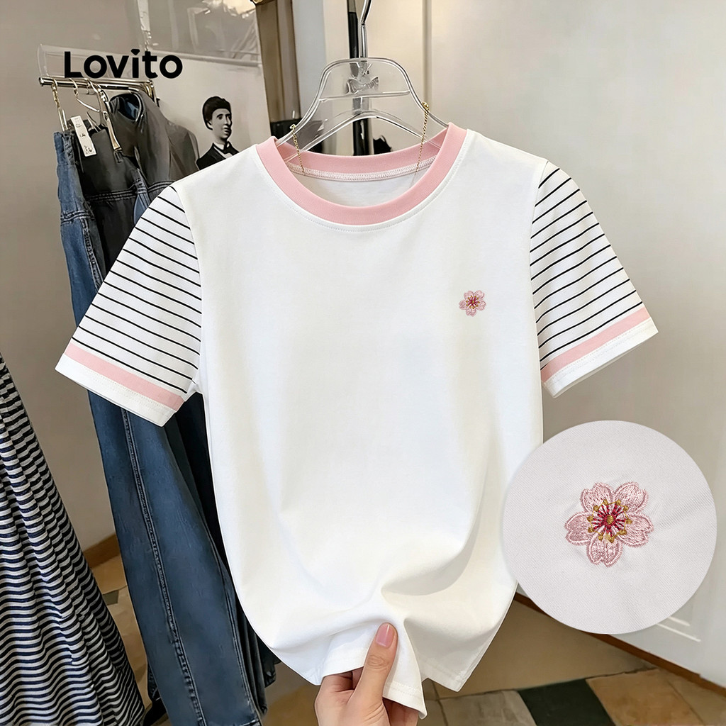 Lovito Camiseta Feminina Casual Colorblock Estampa Primavera/Verão TSK8P1D800