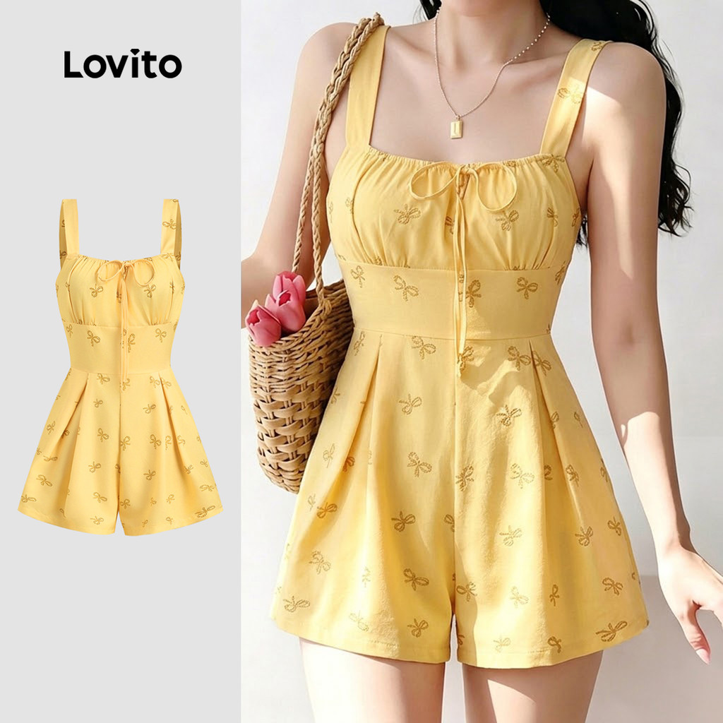 Lovito Macacão Casual com Laço e Cadarço Macacão Amarelo Claro de para mulheres Bordado JRK8P1D3171