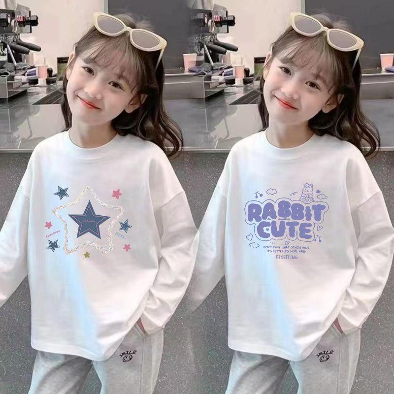 Meninas camiseta primavera outono 2026 manga comprida em torno do pescoço Bottoming grandes crianças soltas roupas super