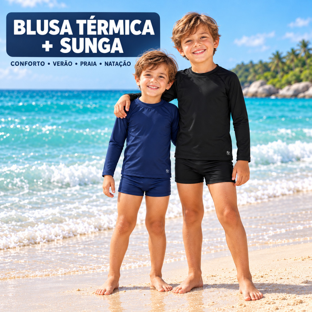 Kit Camisa Térmica Manga Longa Sunga Boxer Infantil 1 ao 8 Anos Natação Praia Piscina Uv50+