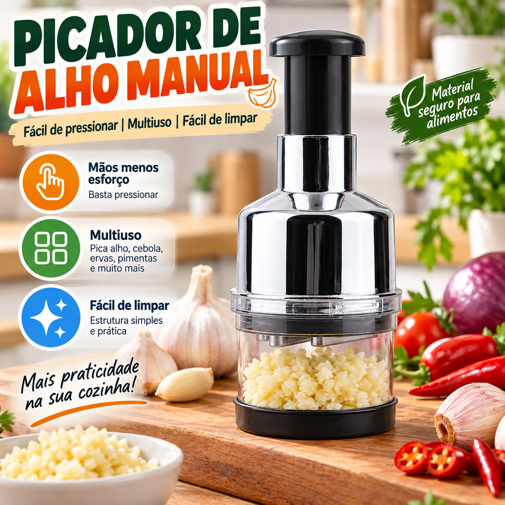 Triturador Manual Picador de Alimentos com 3 Lâminas em Aço Inox Multiuso Prático para Cozinha Alho Triturador