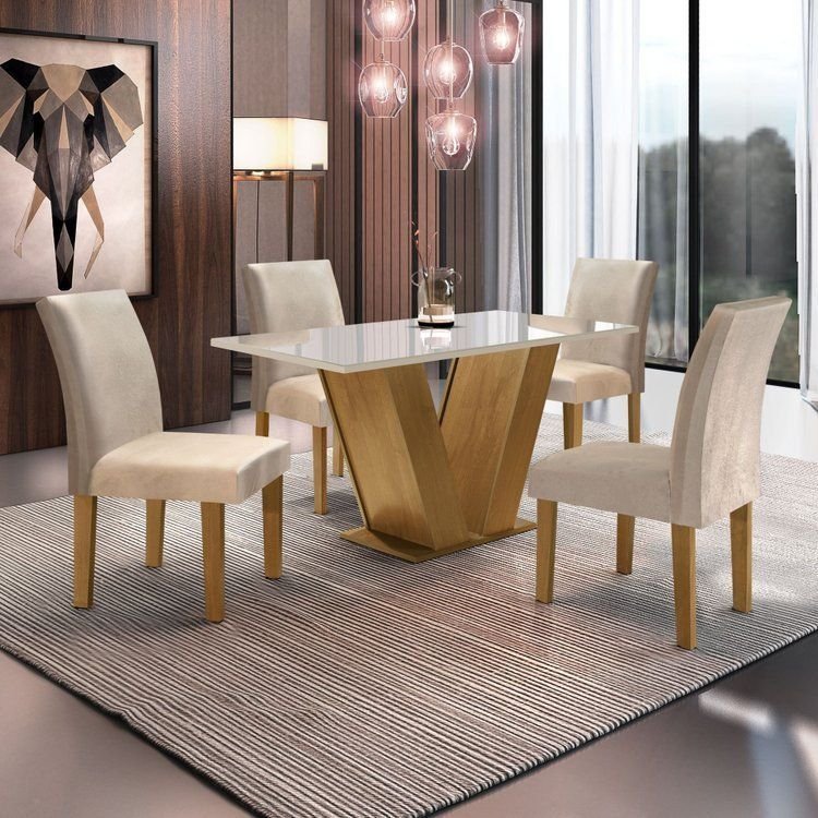 Conjunto Sala de Jantar Mesa Tampo de Vidro 4 Cadeiras Espanha Yescasa Ypê/Off White/Tecido Pena