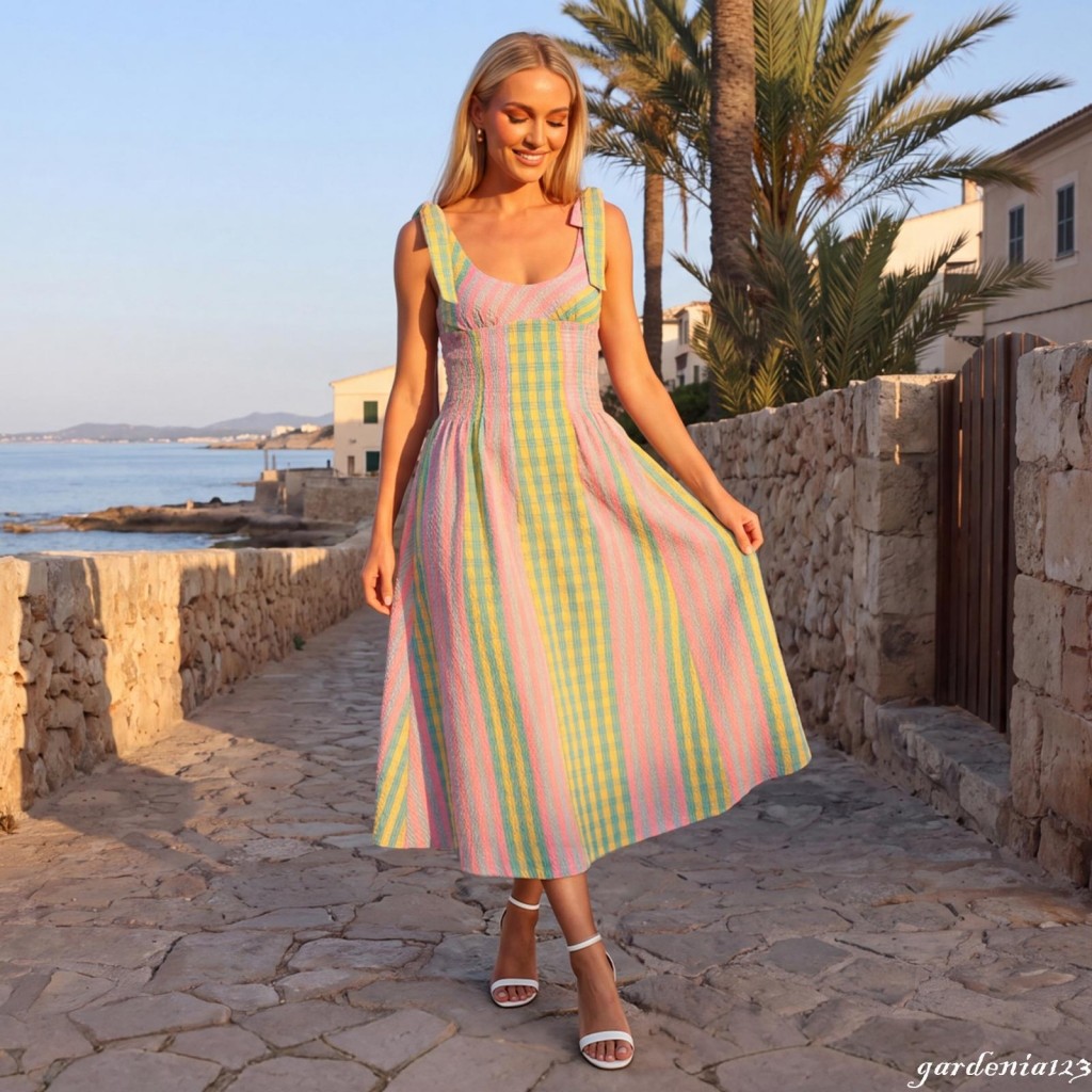 [GaDn] Vestido Feminino De Verão Listrado Com Alça E Costas Nuas , Vestidos Evasê Bolsos