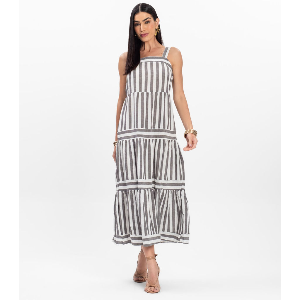 Vestido Midi Feminino Listrado De Alça Aishty Preto