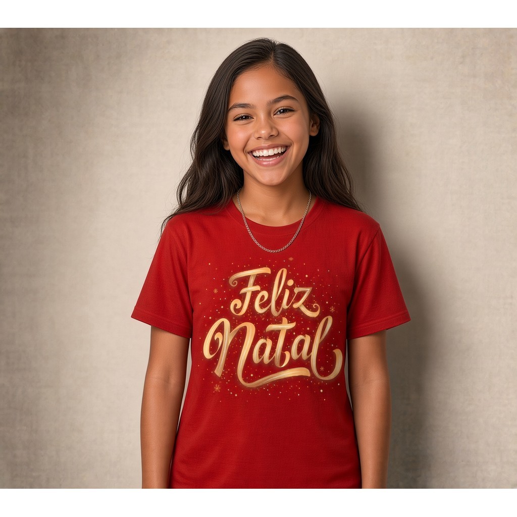 Camiseta Infantil Natal Estampada Feliz Natal Dourado Criança Menina 100% Básica Manga Curta Unissex e Feminino Básica