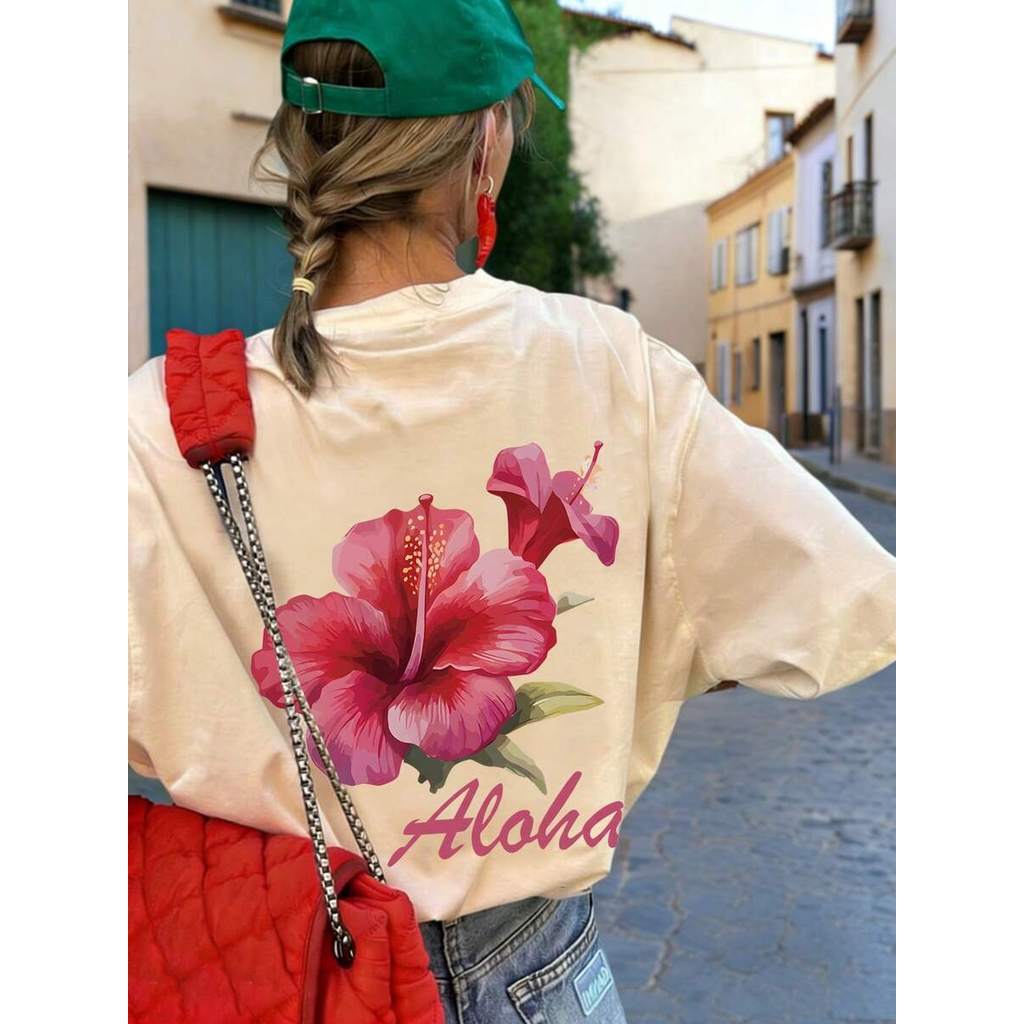 Camiseta Feminina Estampada -  De Verão Estilosa Floral Tropical Fúcsia - Confortável - 100% Algodão Envio Rápido